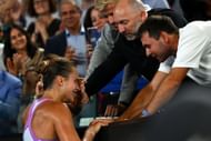Aryna Sabalenka celebrating her Australian Open triumph with her team
